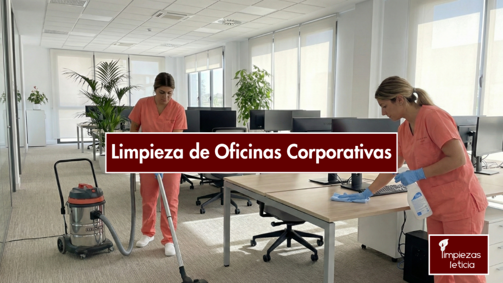 Limpiadoras de Limpiezas Leticia haciendo una limpieza de oficinas